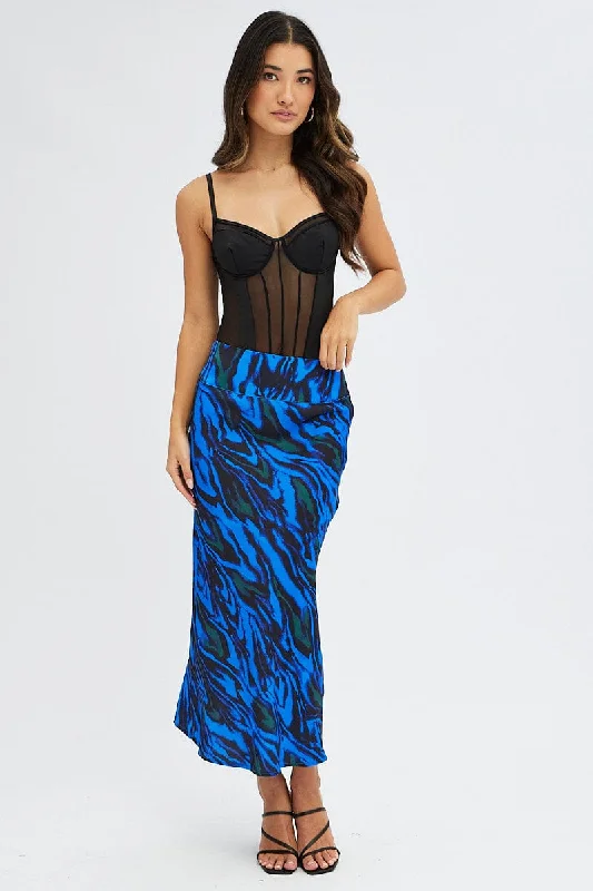 Women's Clothing Sets Blue Abstract Midi Skirt High Waisted Satin Bias Cut