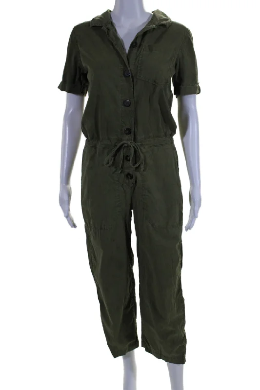 Holiday Gift Guide Sale Sezane Womens Textured Collar Button Short Sleeve Jumpsuit Army Green