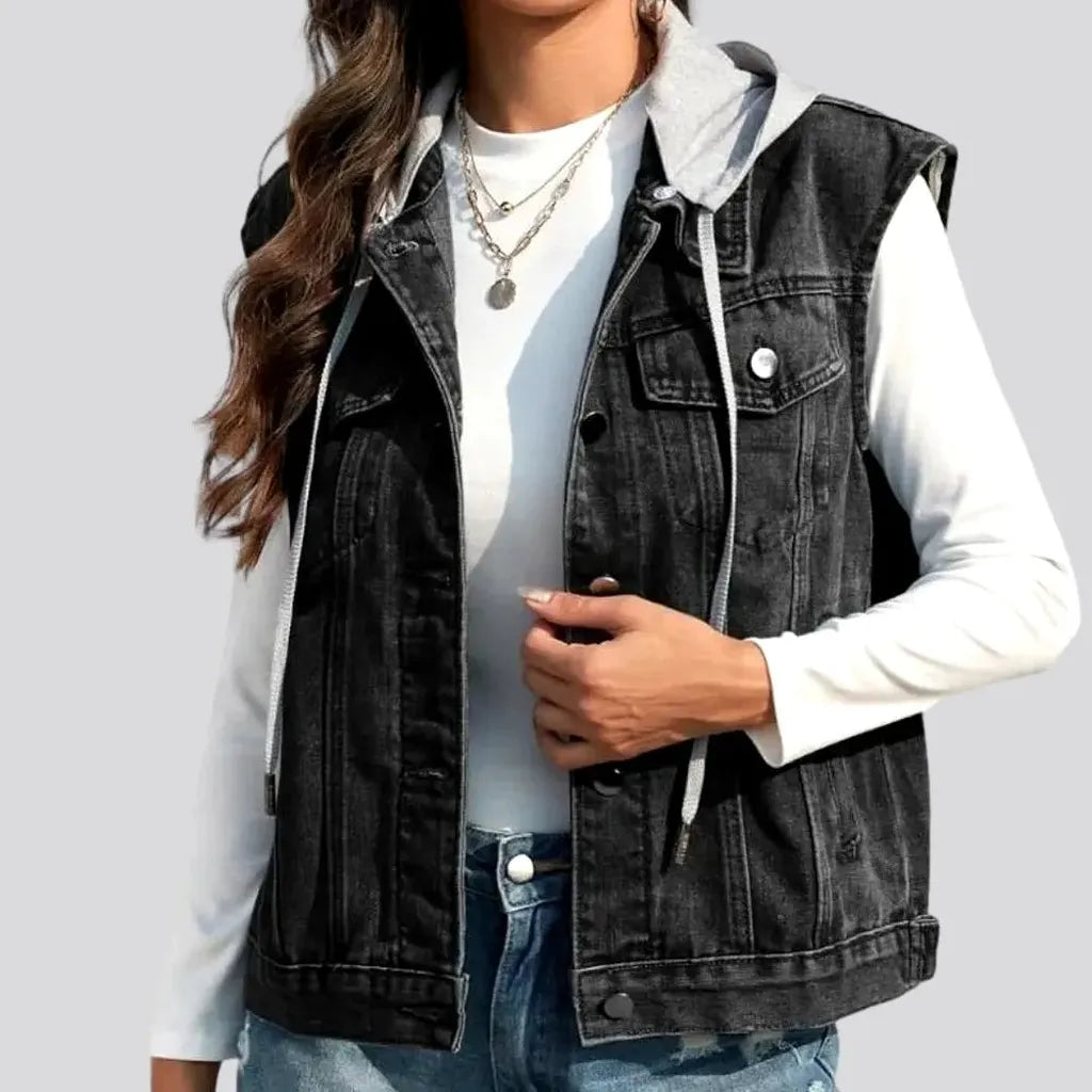 Women's Casual Garments Mixed-fabrics hooded jean vest for women