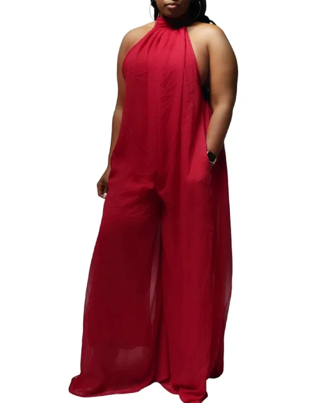Sustainable Women's Clothes Halter Wide Leg Jumpsuit In Wine