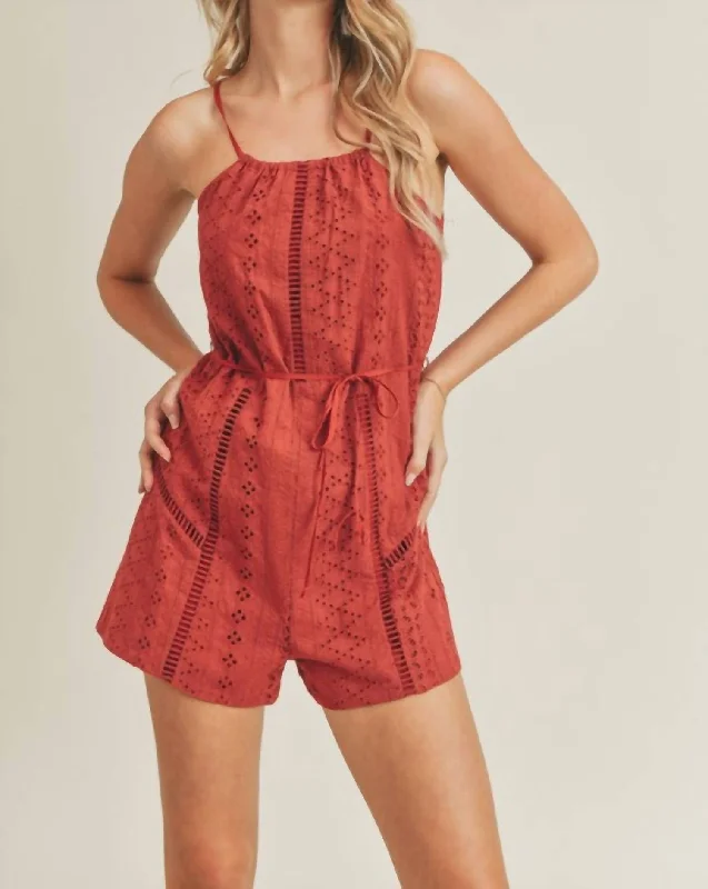 Chic Women's Outfit Eyelet Trim Romper In Red