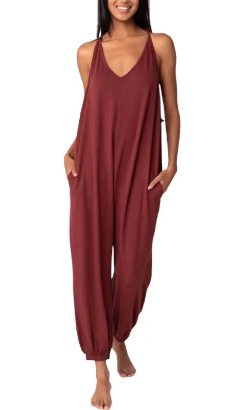 Women's Functional Outfit For Outdoor Activities French Terry Tie Back Jumpsuit In Rust